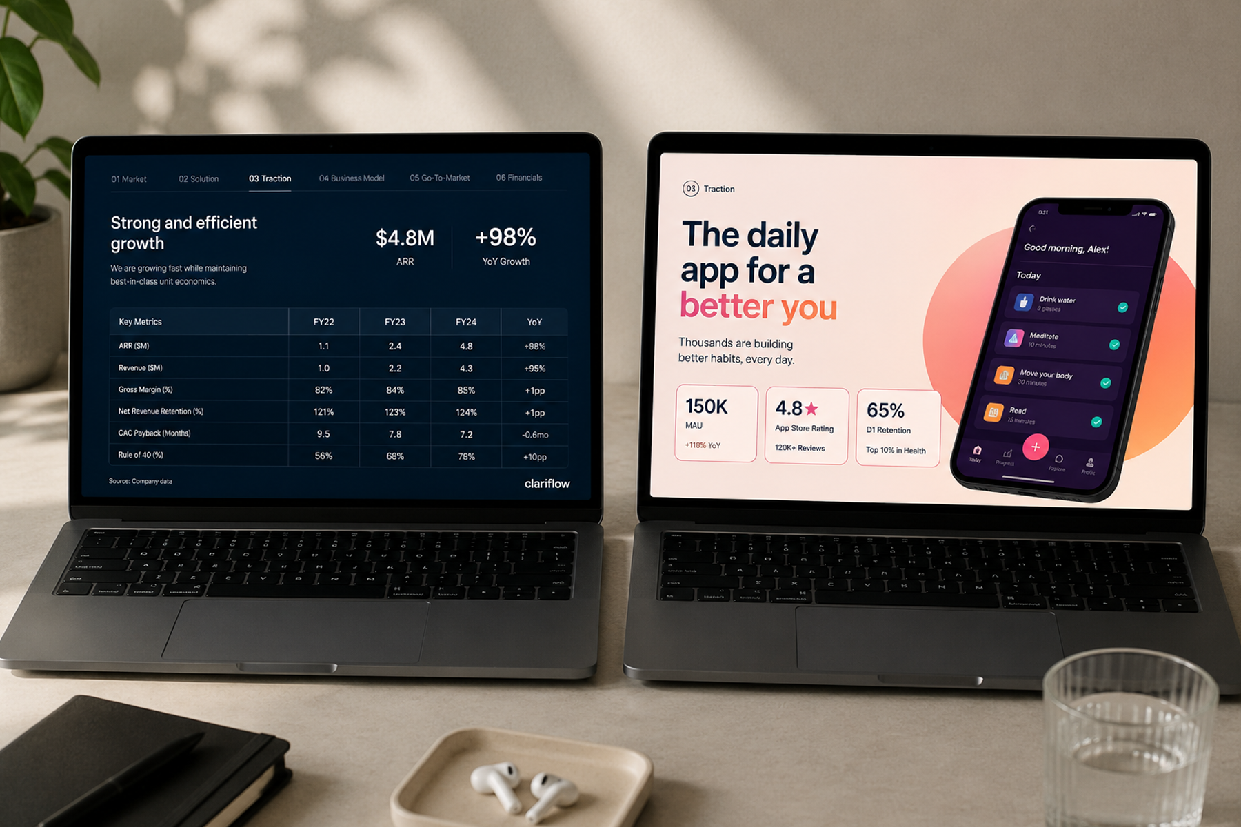 Enterprise SaaS and consumer SaaS pitch deck designs side by side showing different visual registers and color palettes