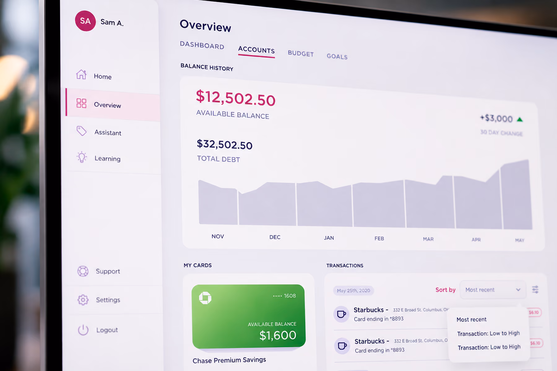 Fintech dashboard showing available balance hierarchy with pending transactions and data freshness timestamp