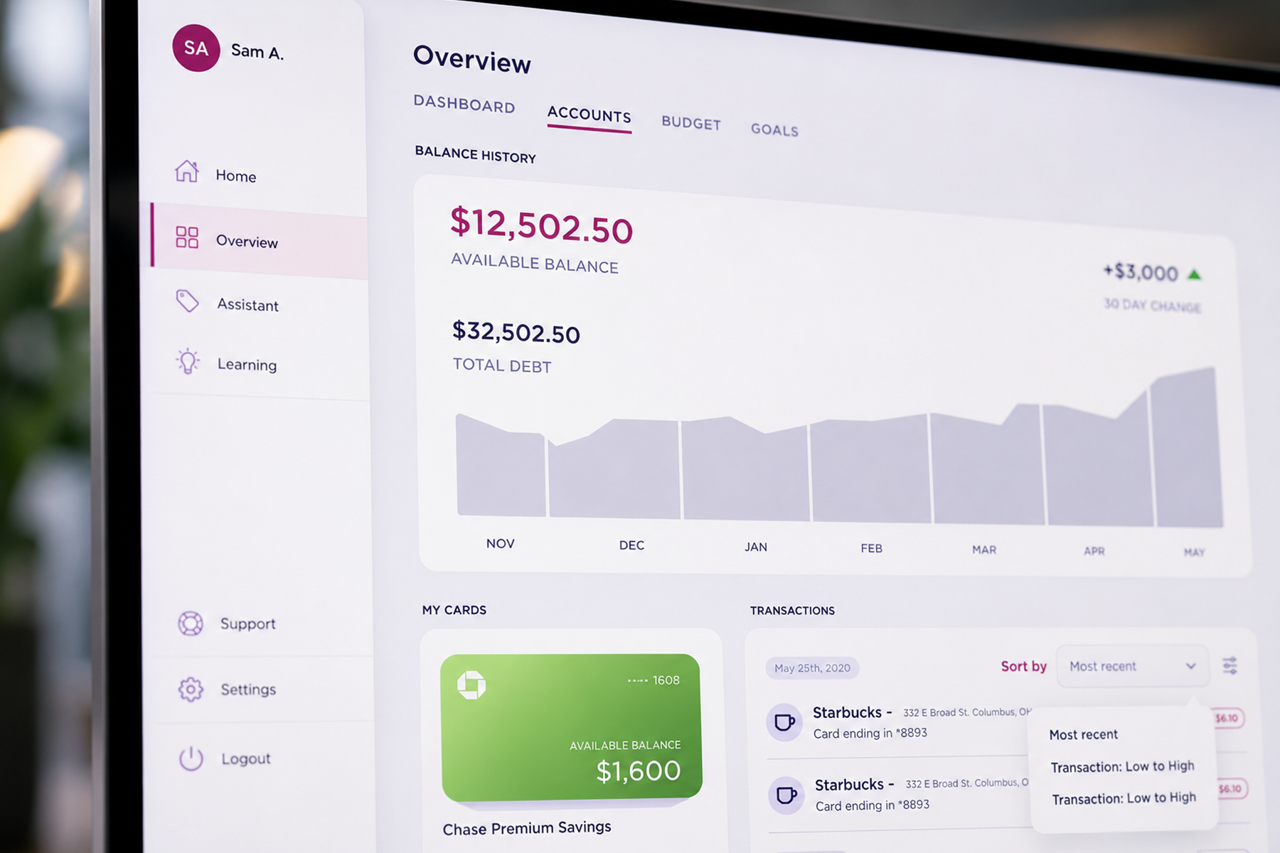 Fintech dashboard showing available balance hierarchy with pending transactions and data freshness timestamp