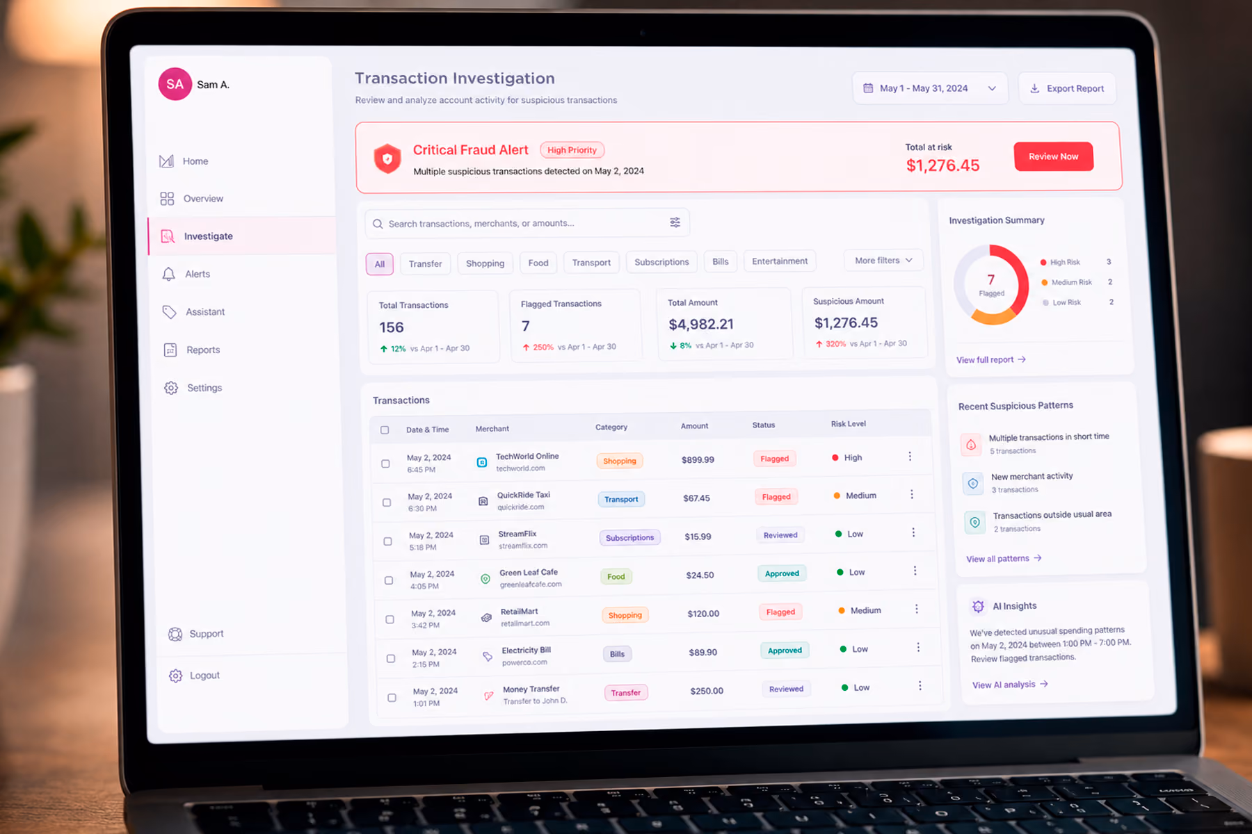 Fintech dashboard transaction history with category filters, search, and critical fraud alert with distinct visual hierarchy