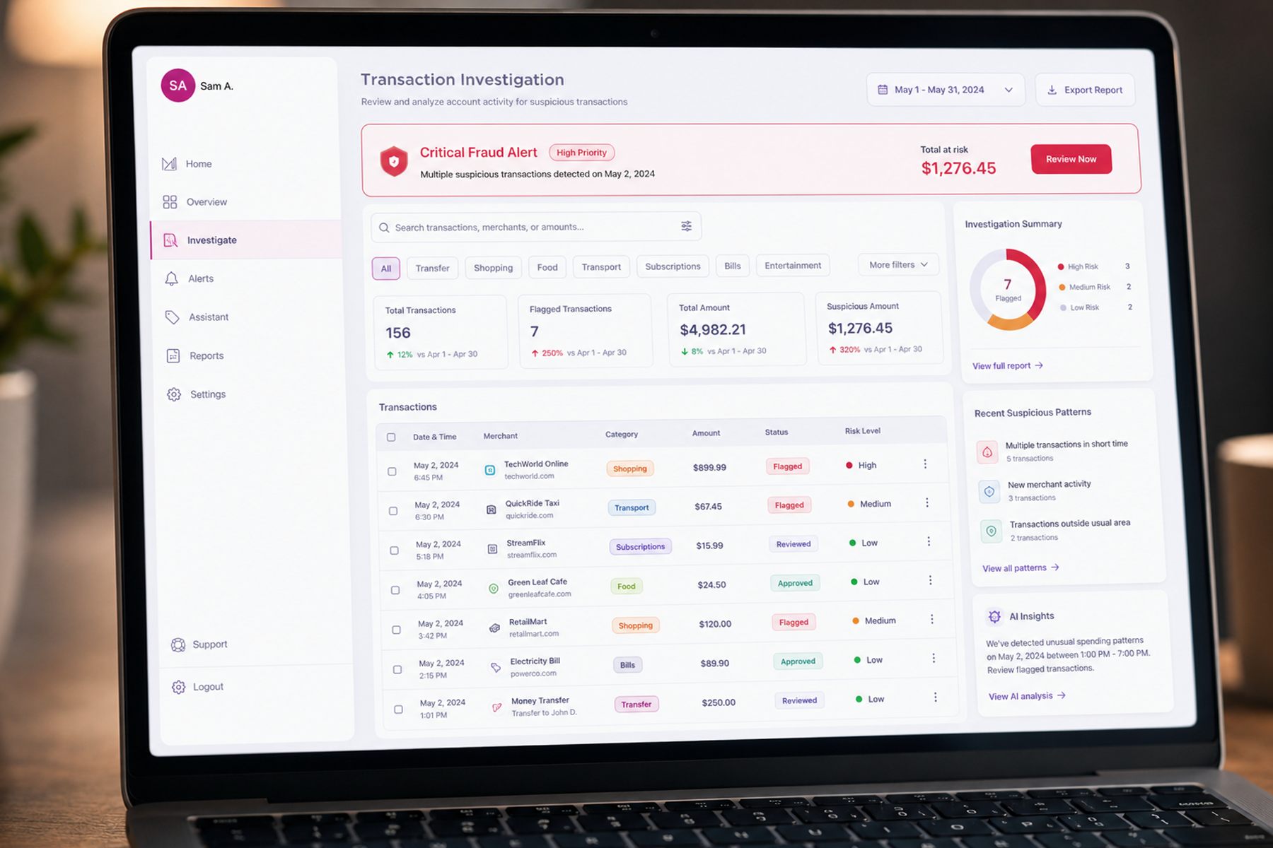 Fintech dashboard transaction history with category filters, search, and critical fraud alert with distinct visual hierarchy