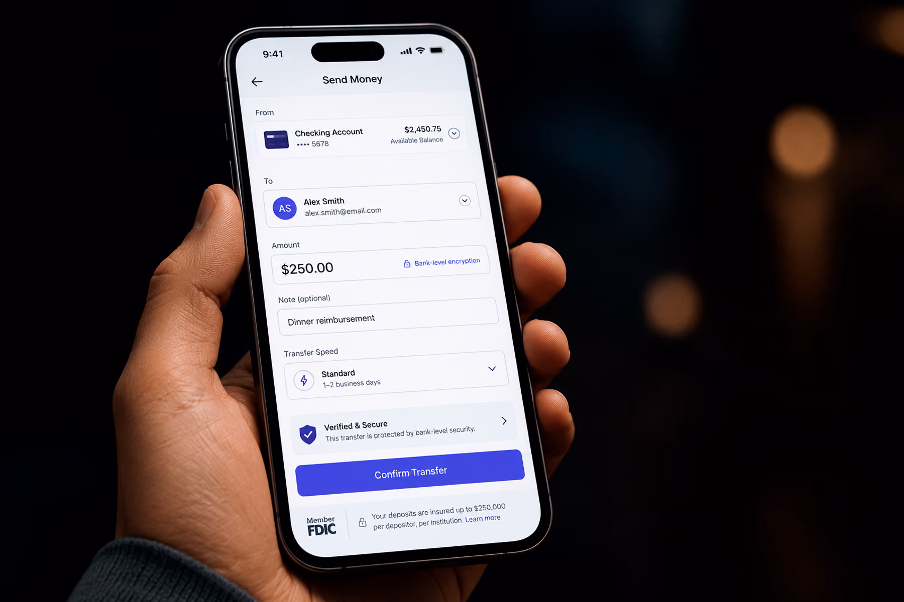 Fintech mobile app showing embedded trust signals including encryption indicator and security badge during transfer flow