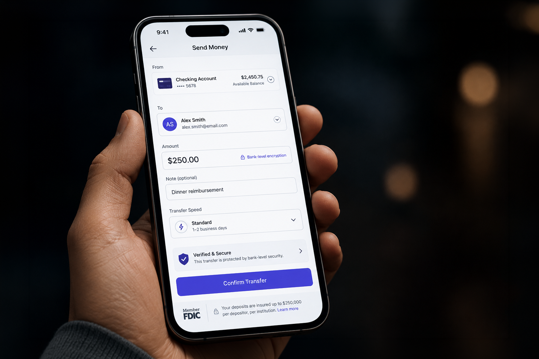 Fintech mobile app showing embedded trust signals including encryption indicator and security badge during transfer flow