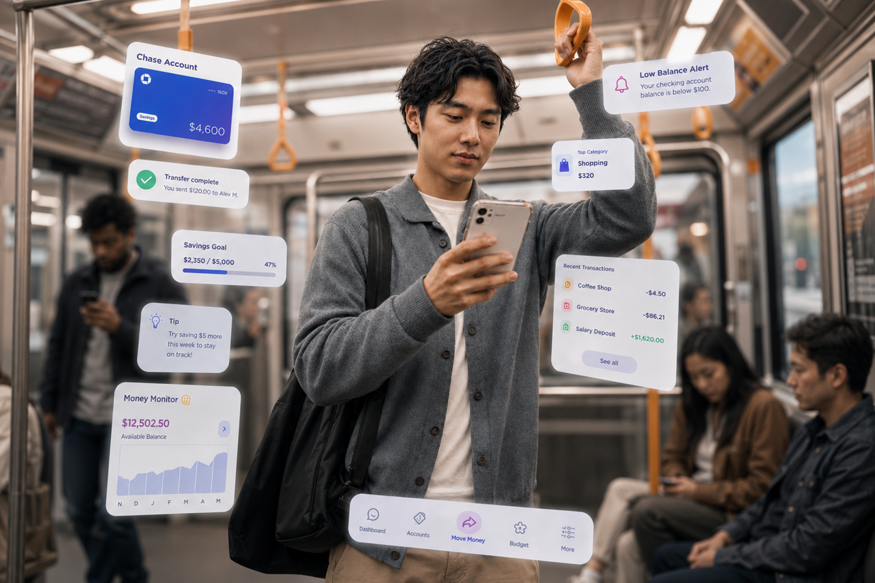 Mobile fintech app user checking financial dashboard with balance, alerts, and transaction data displayed as floating UI cards