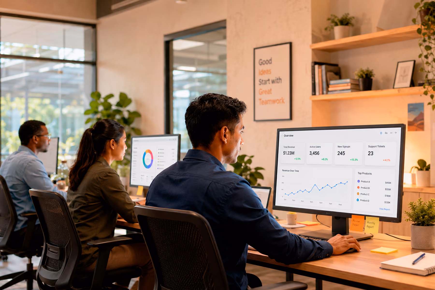 Enterprise operations team working in a command center with multiple dashboard monitors showing real-time metrics