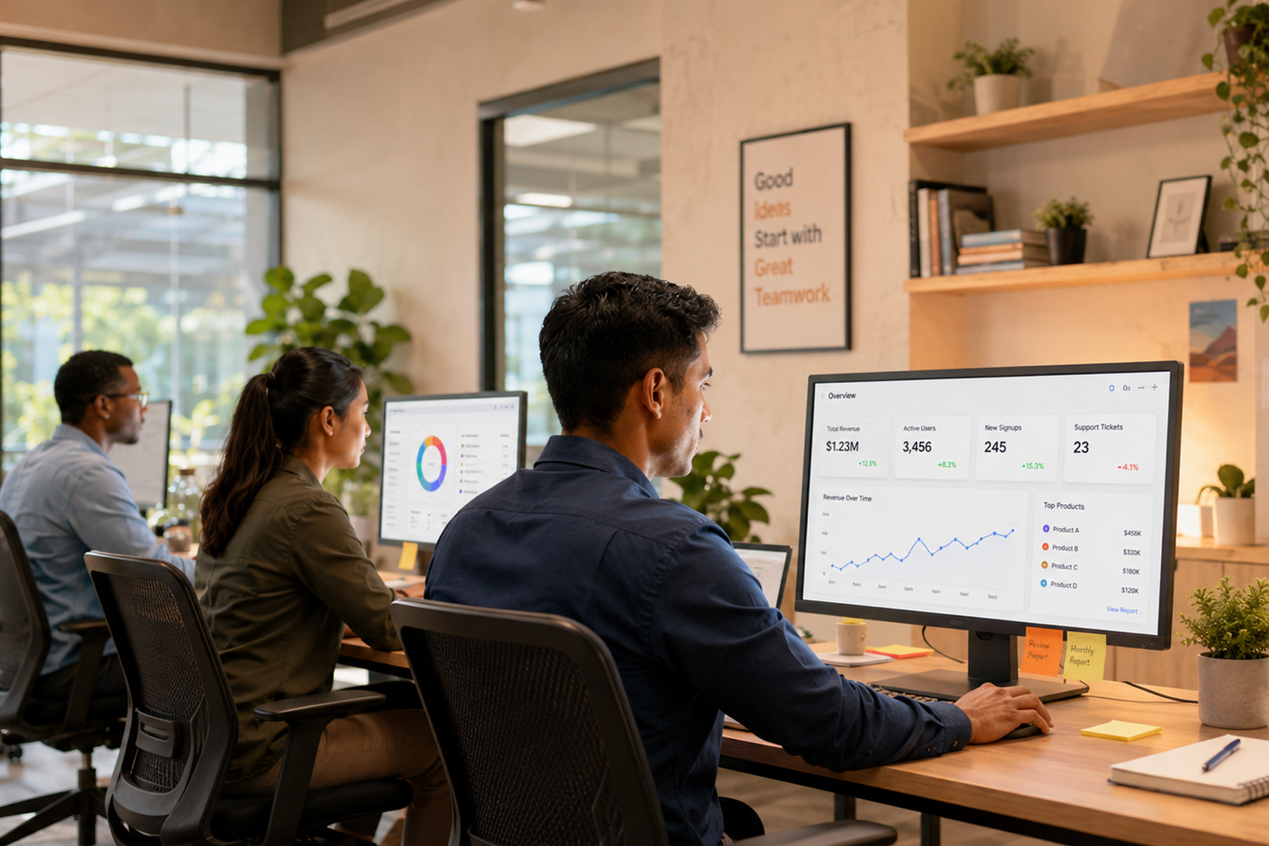 Enterprise operations team working in a command center with multiple dashboard monitors showing real-time metrics