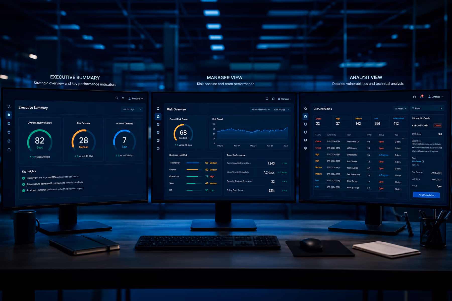 Three role-based enterprise dashboard views showing executive summary, manager, and analyst interfaces side by side