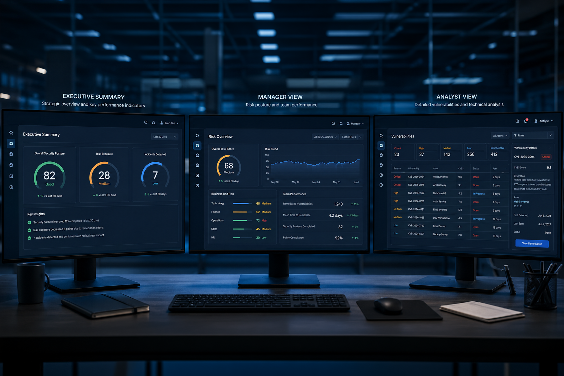 Three role-based enterprise dashboard views showing executive summary, manager, and analyst interfaces side by side
