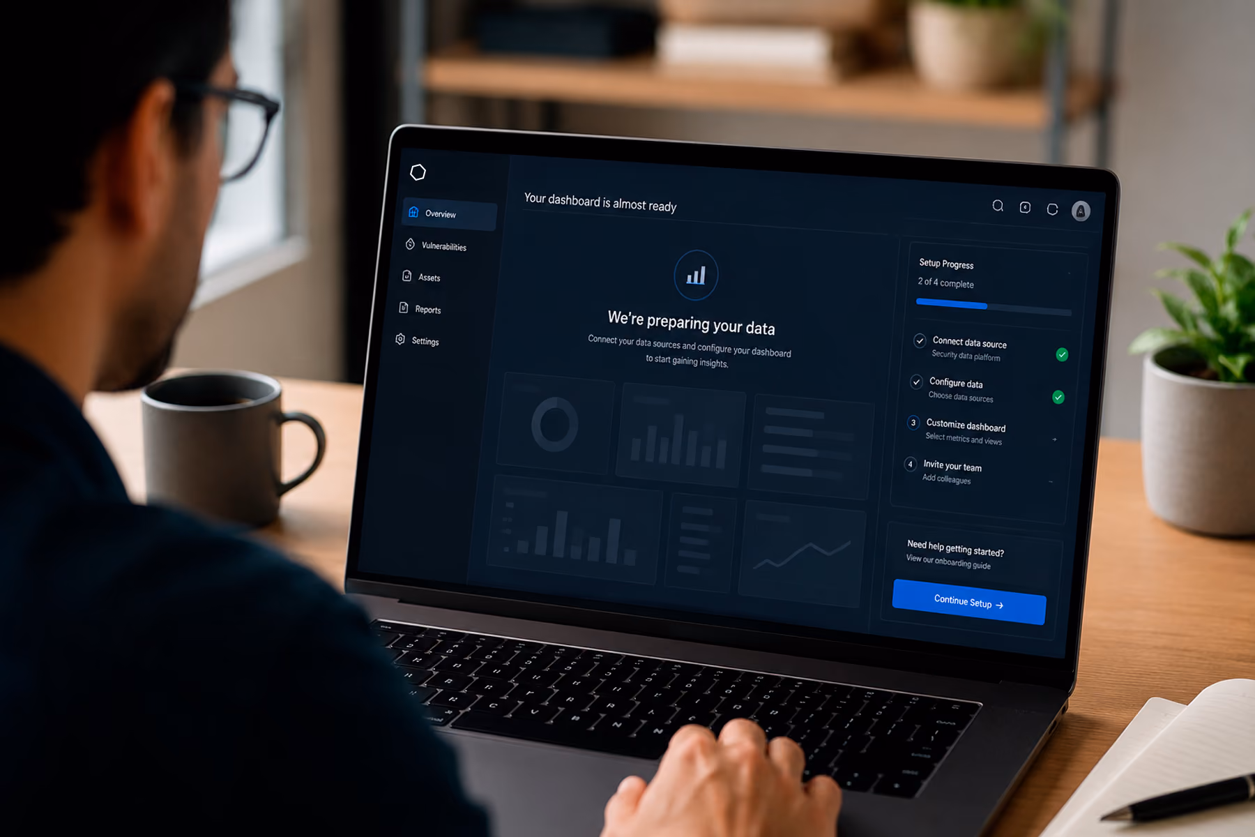 Enterprise user viewing a well-designed dashboard empty state with preview layout, setup progress, and clear next action
