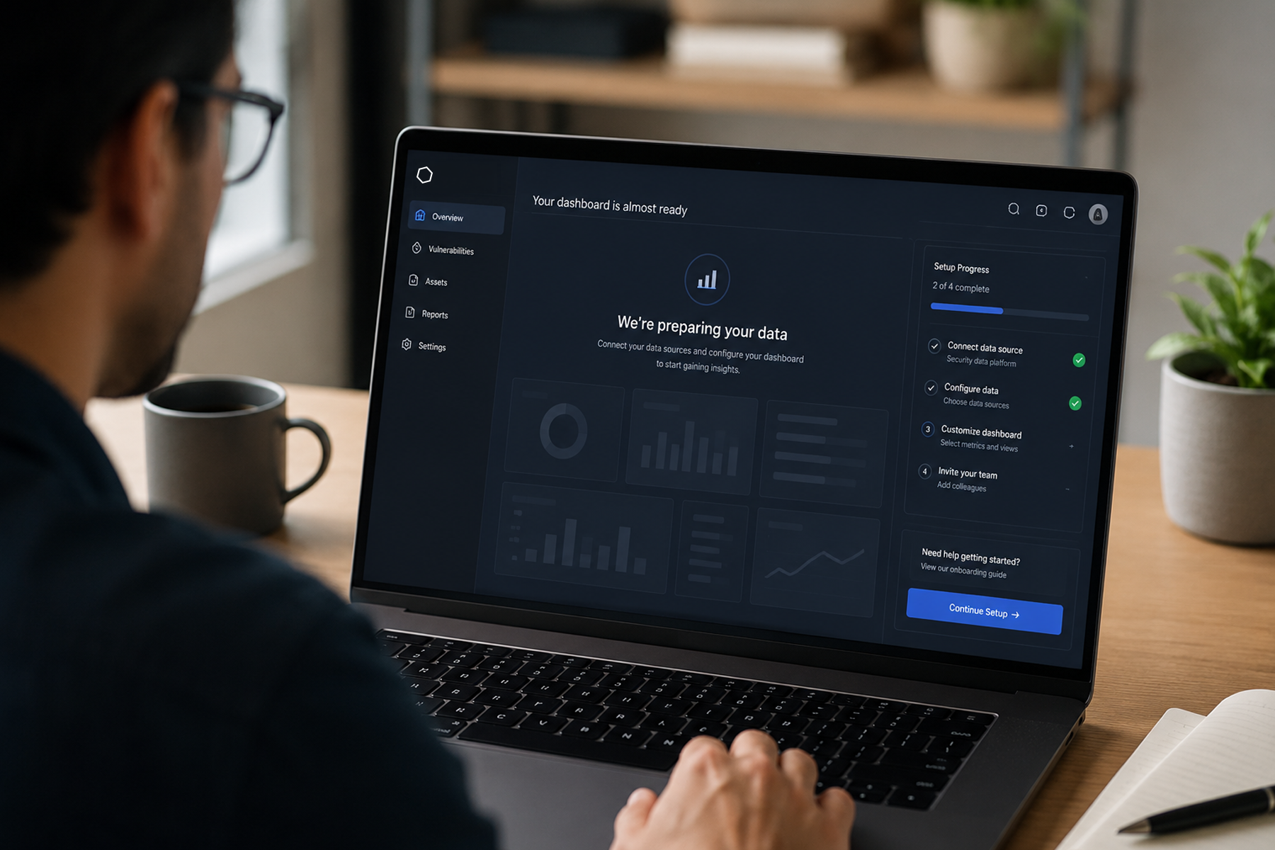 Enterprise user viewing a well-designed dashboard empty state with preview layout, setup progress, and clear next action