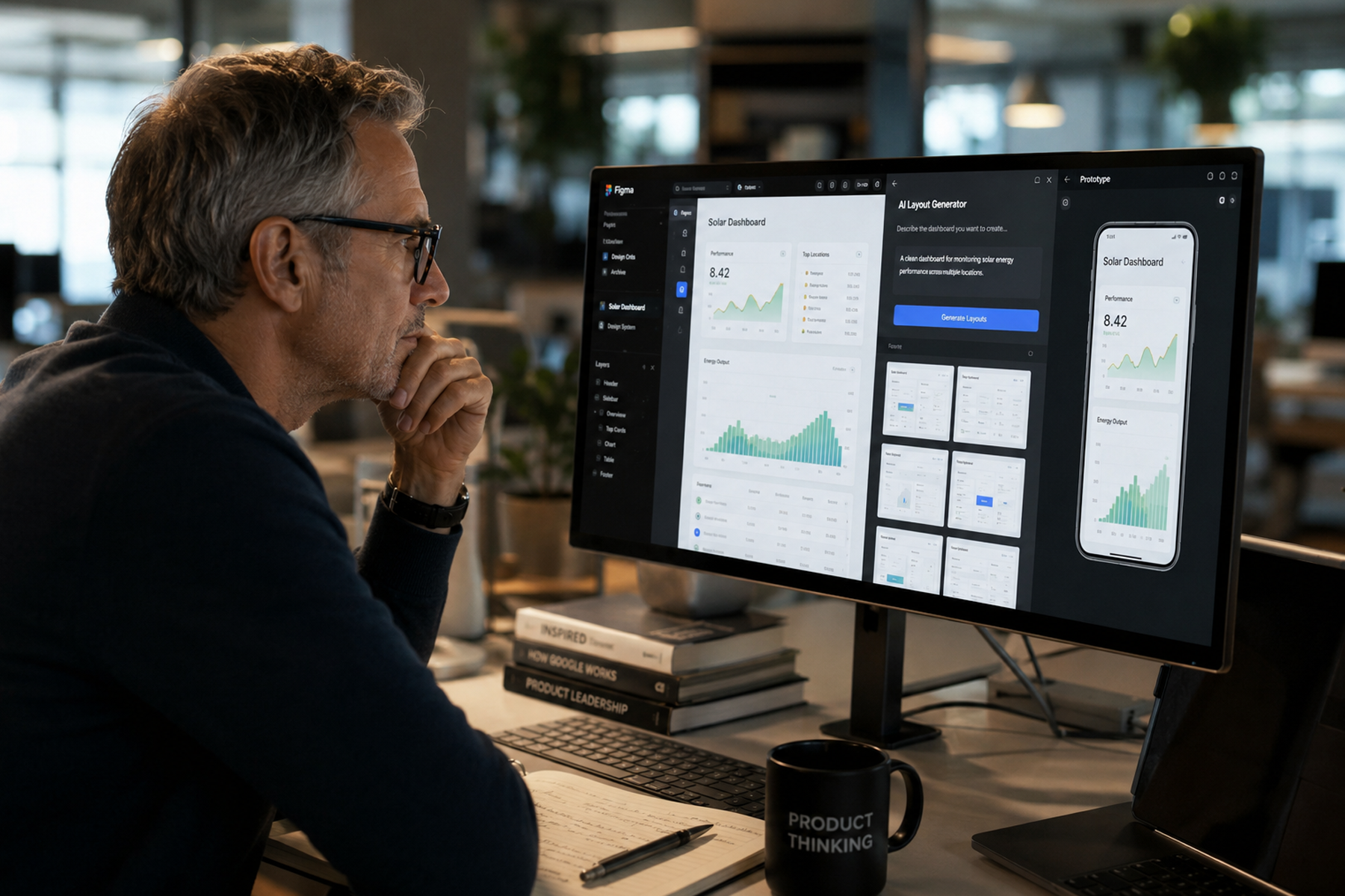 Senior product leader evaluating multiple UX design automation tools open simultaneously on workstation monitors