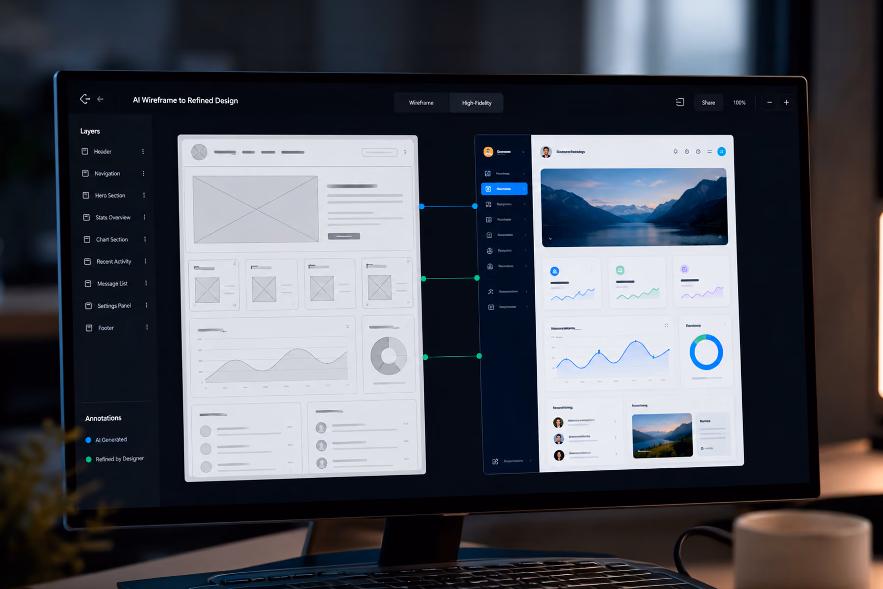 Split screen showing AI-generated wireframe alongside refined high-fidelity prototype in UX design automation workflow