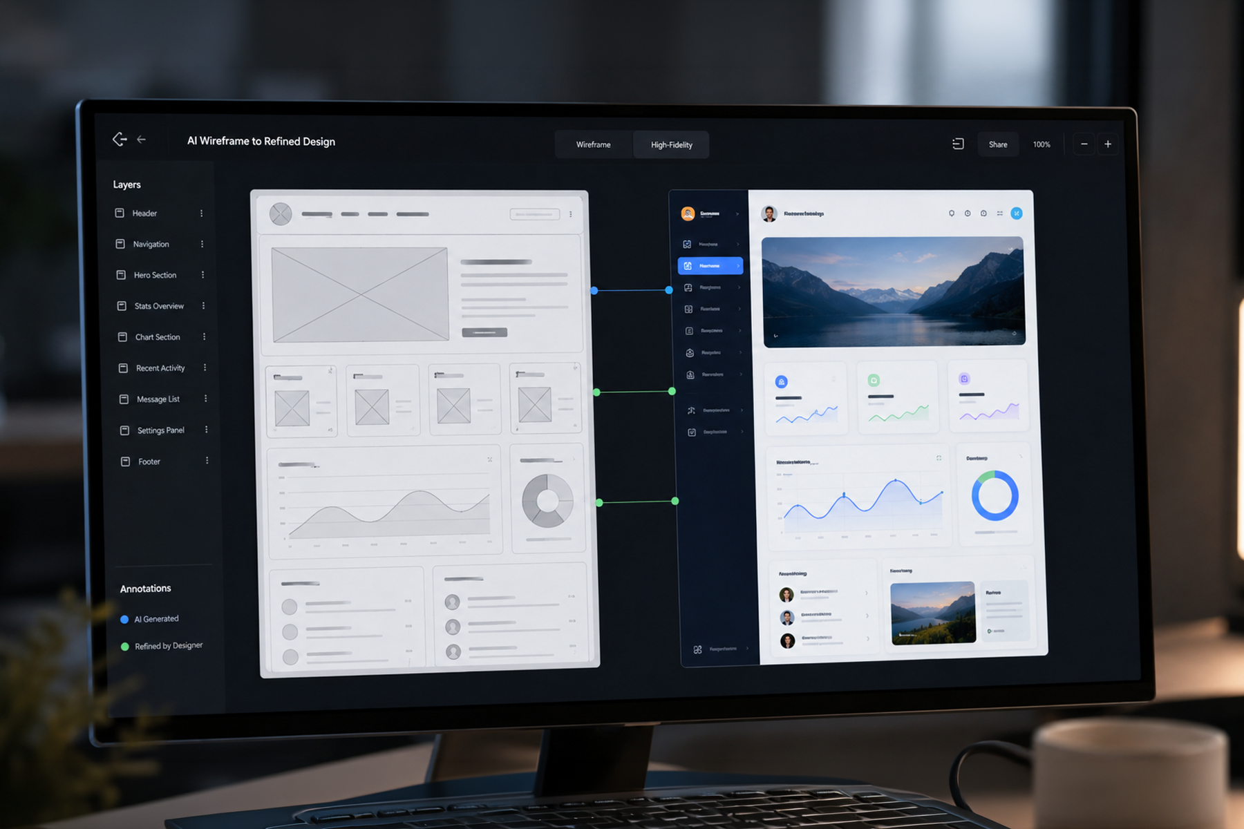 Split screen showing AI-generated wireframe alongside refined high-fidelity prototype in UX design automation workflow