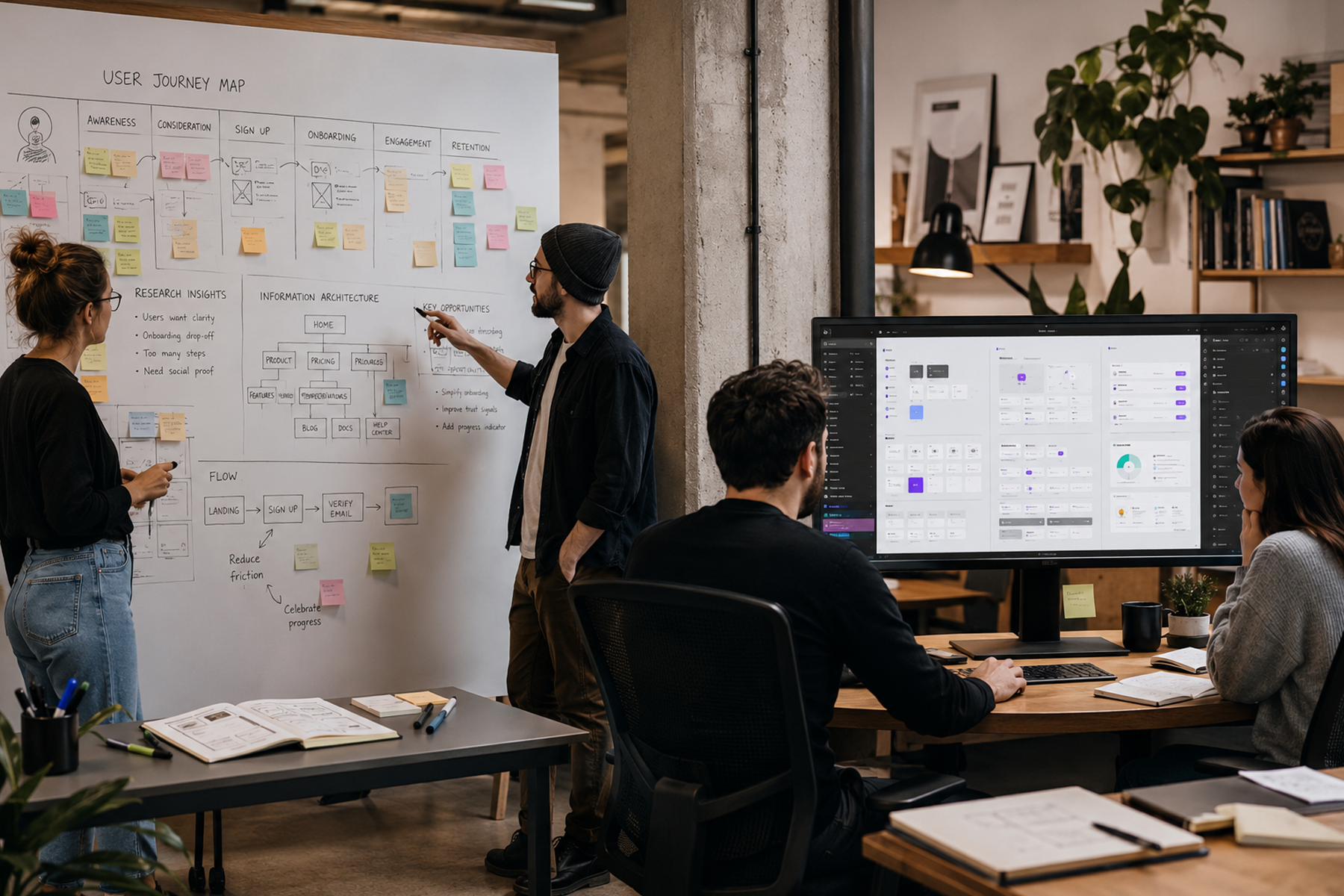 Design workspace showing definition work with hand-drawn user research on whiteboard alongside automated execution tools in Figma