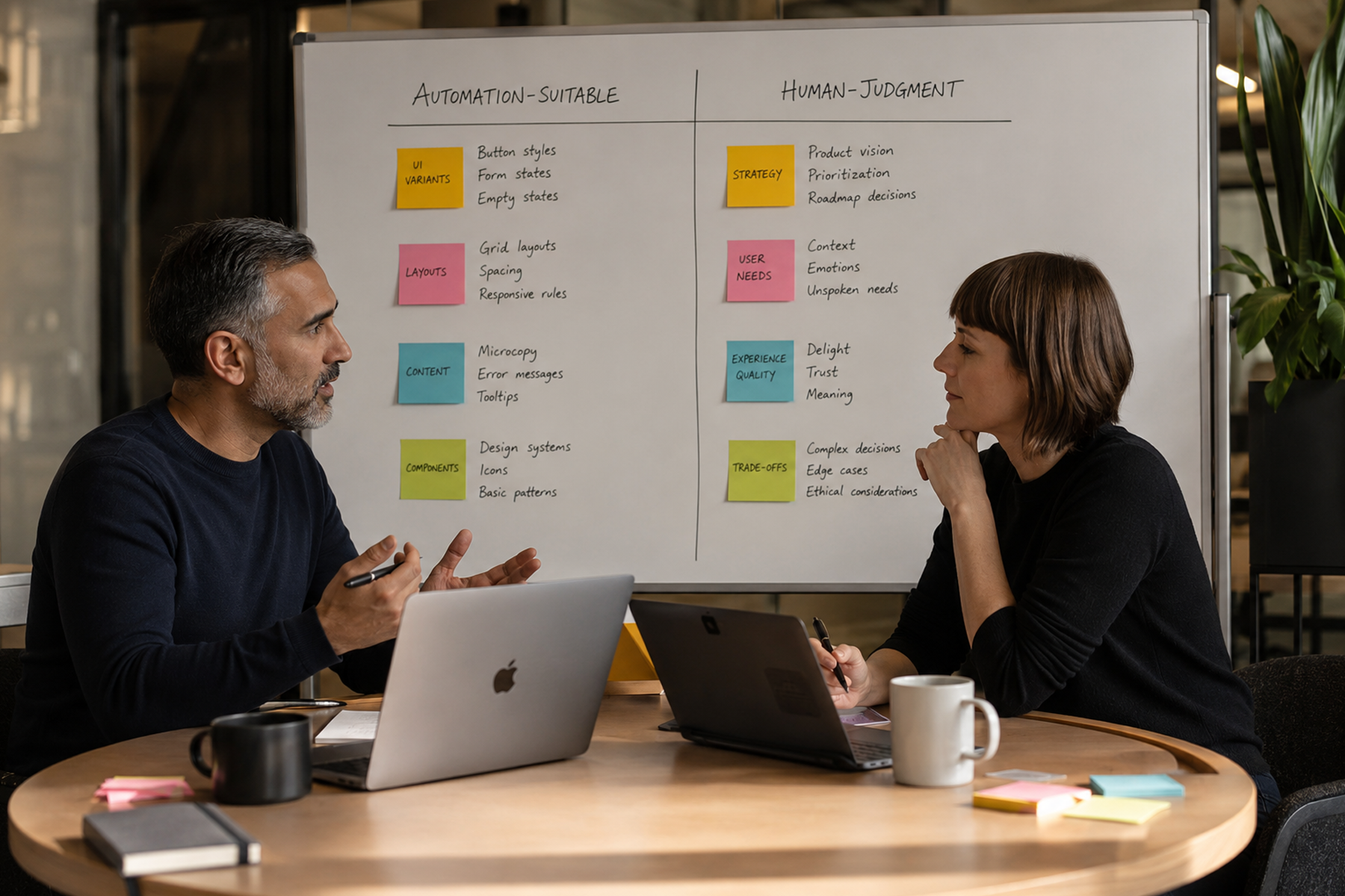 CPO and design lead in strategic meeting reviewing framework for deciding which design problems require automation versus human expertise