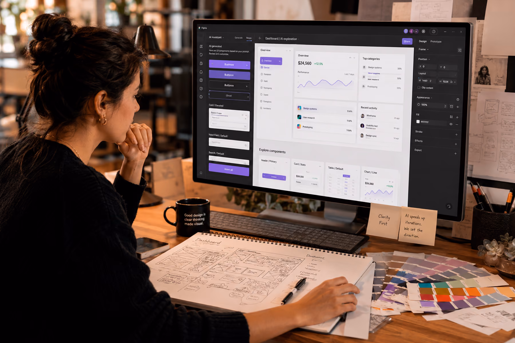 UX designer working at a modern 2026 workstation blending AI design tools with hand-drawn sketches and physical references