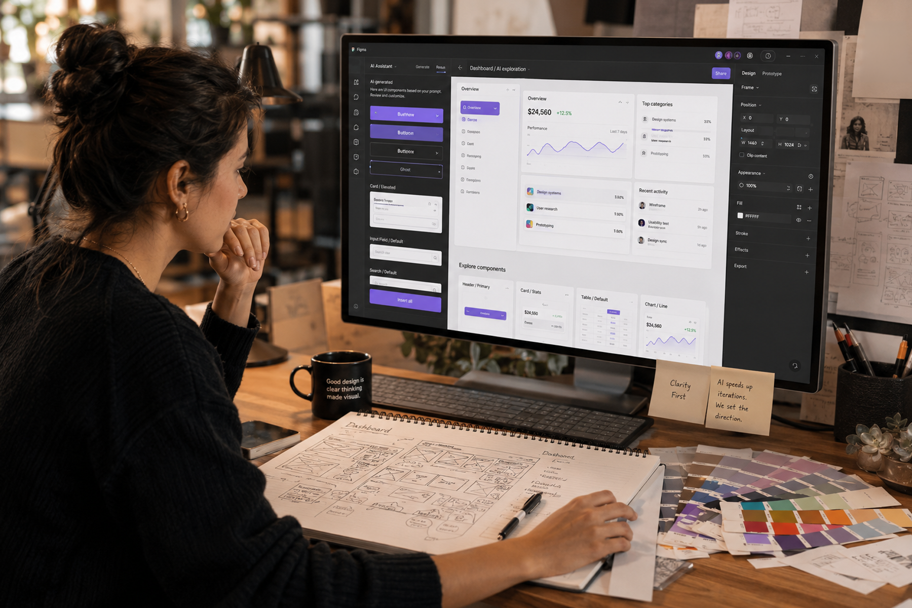 UX designer working at a modern 2026 workstation blending AI design tools with hand-drawn sketches and physical references