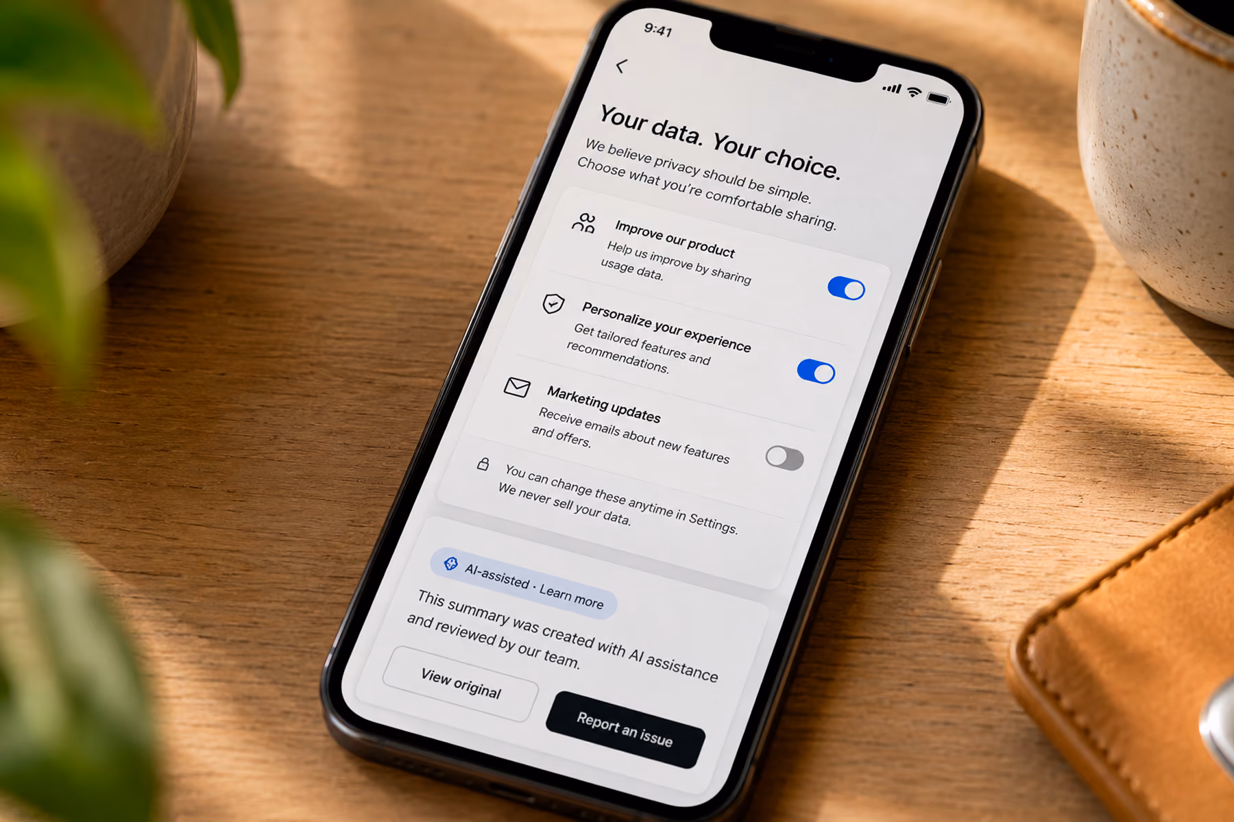 Mobile UI showing privacy-first consent design and transparent AI disclosure badge as 2026 design standard patterns