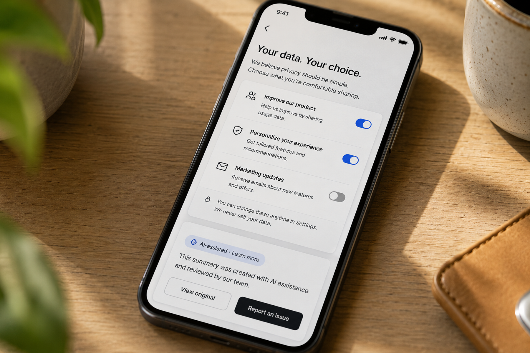 Mobile UI showing privacy-first consent design and transparent AI disclosure badge as 2026 design standard patterns
