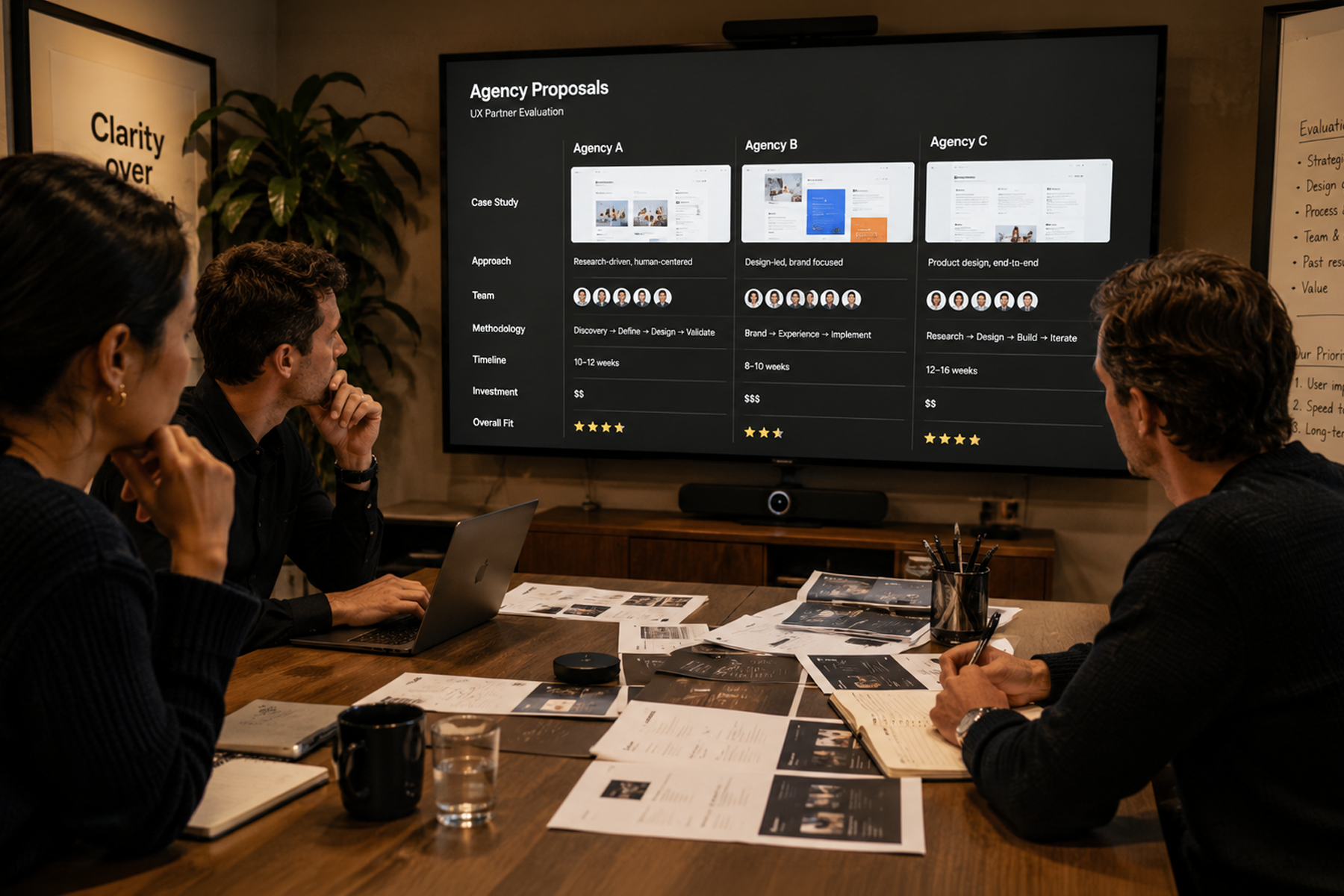 Product team evaluating UX agency proposals and portfolio work in a modern conference room