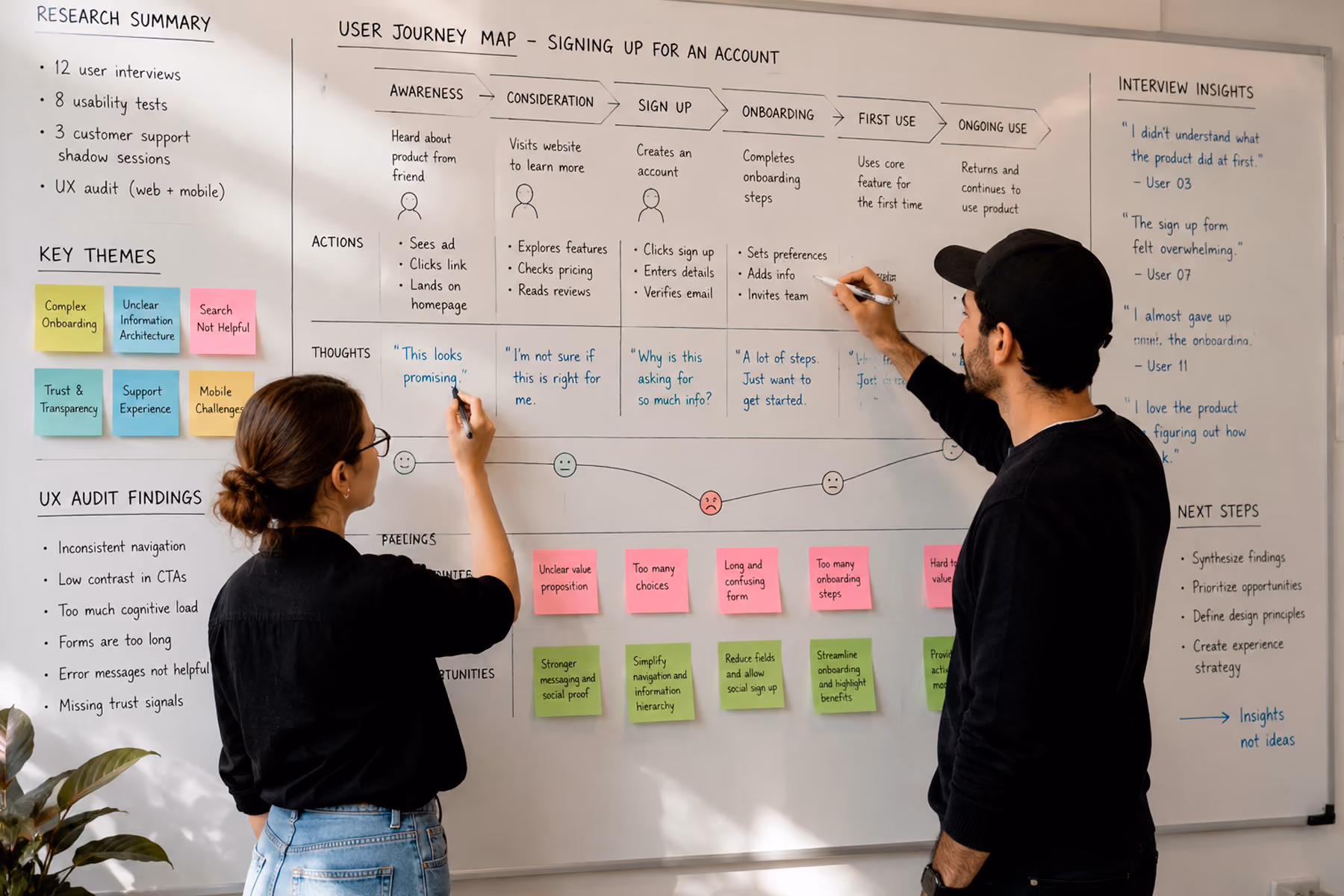 UX agency discovery session with researcher and strategist reviewing user journey maps and audit findings on whiteboard