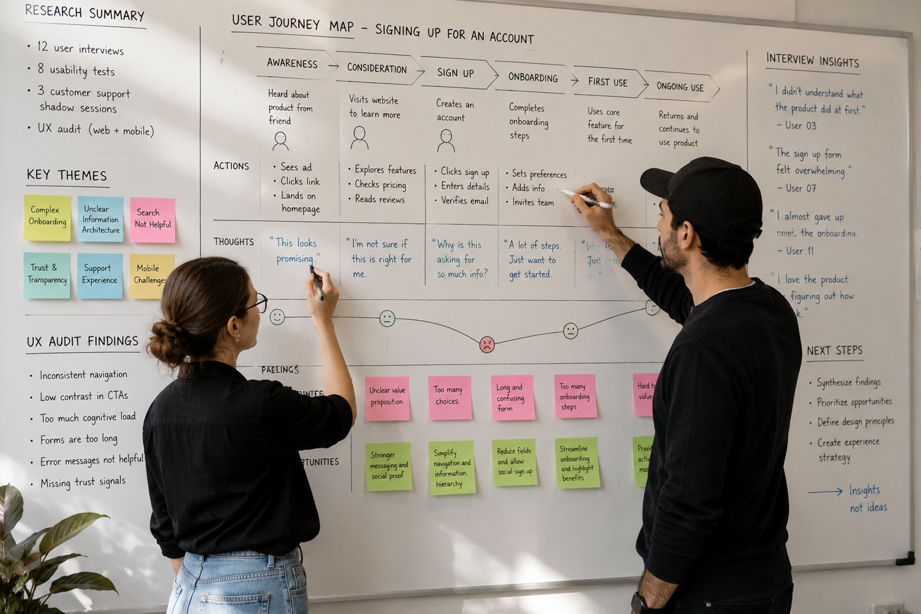 UX agency discovery session with researcher and strategist reviewing user journey maps and audit findings on whiteboard