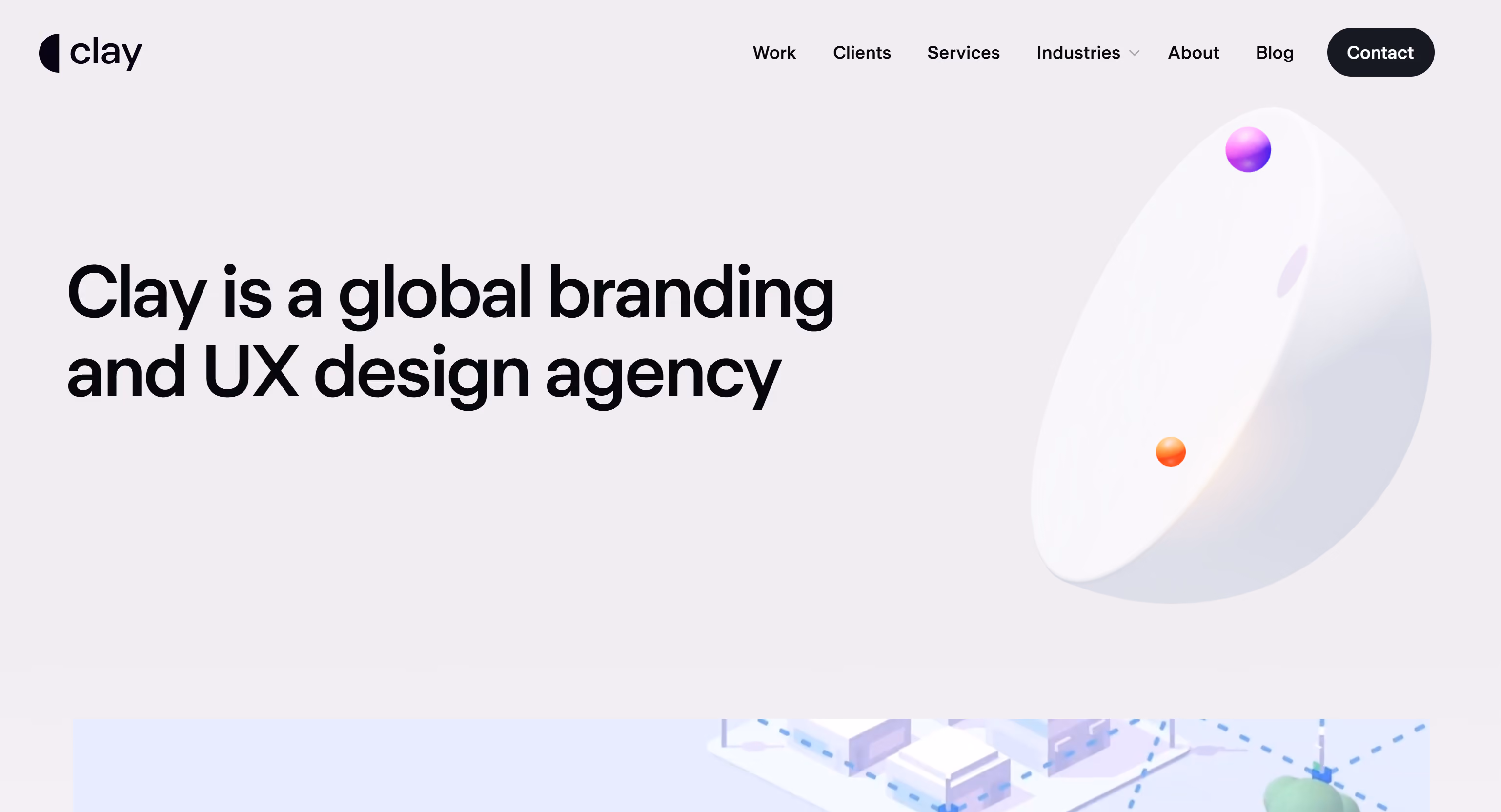 Clay global branding and UX design agency website homepage with 3D abstract visual design