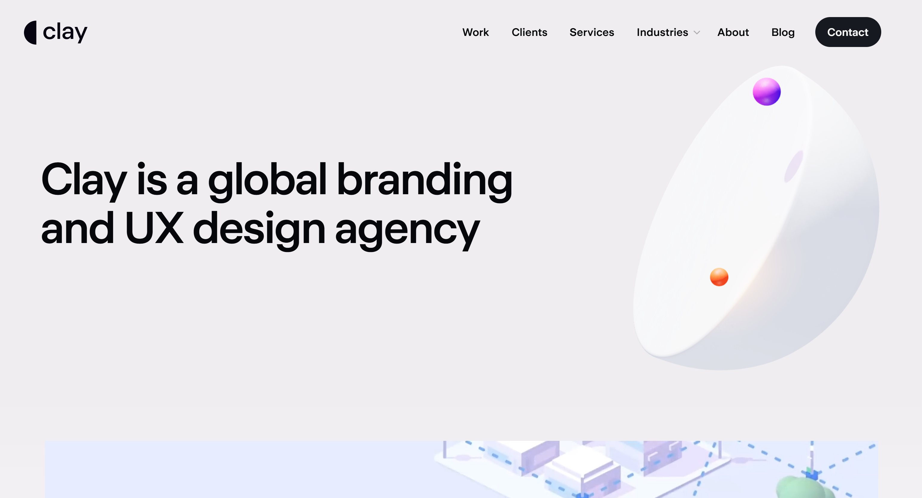 Clay global branding and UX design agency website homepage with 3D abstract visual design