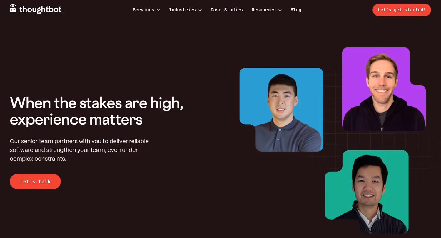 Thoughtbot product design and development agency website showing senior team and high-stakes software delivery positioning