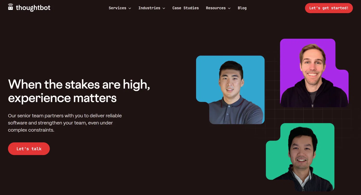 Thoughtbot product design and development agency website showing senior team and high-stakes software delivery positioning