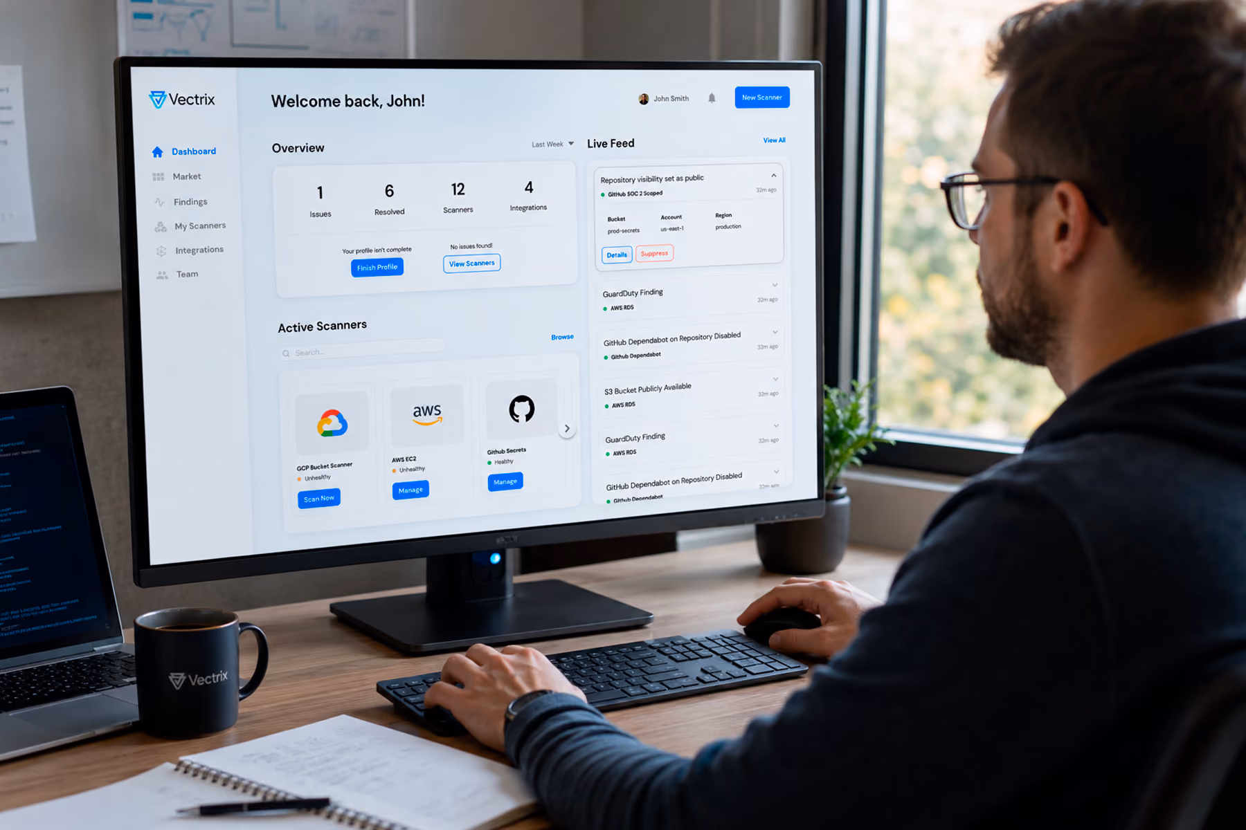Security analyst reviewing Vectrix cloud security dashboard on monitor in a naturally lit modern office