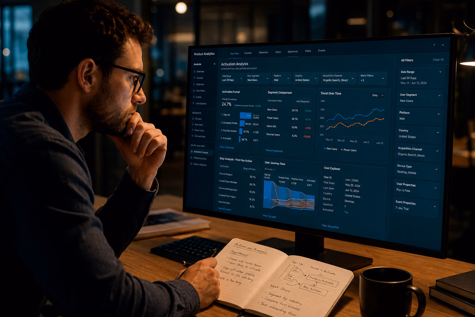 Product analyst in active investigation mode reviewing SaaS analytics dashboard with multiple filters and drill-down views
