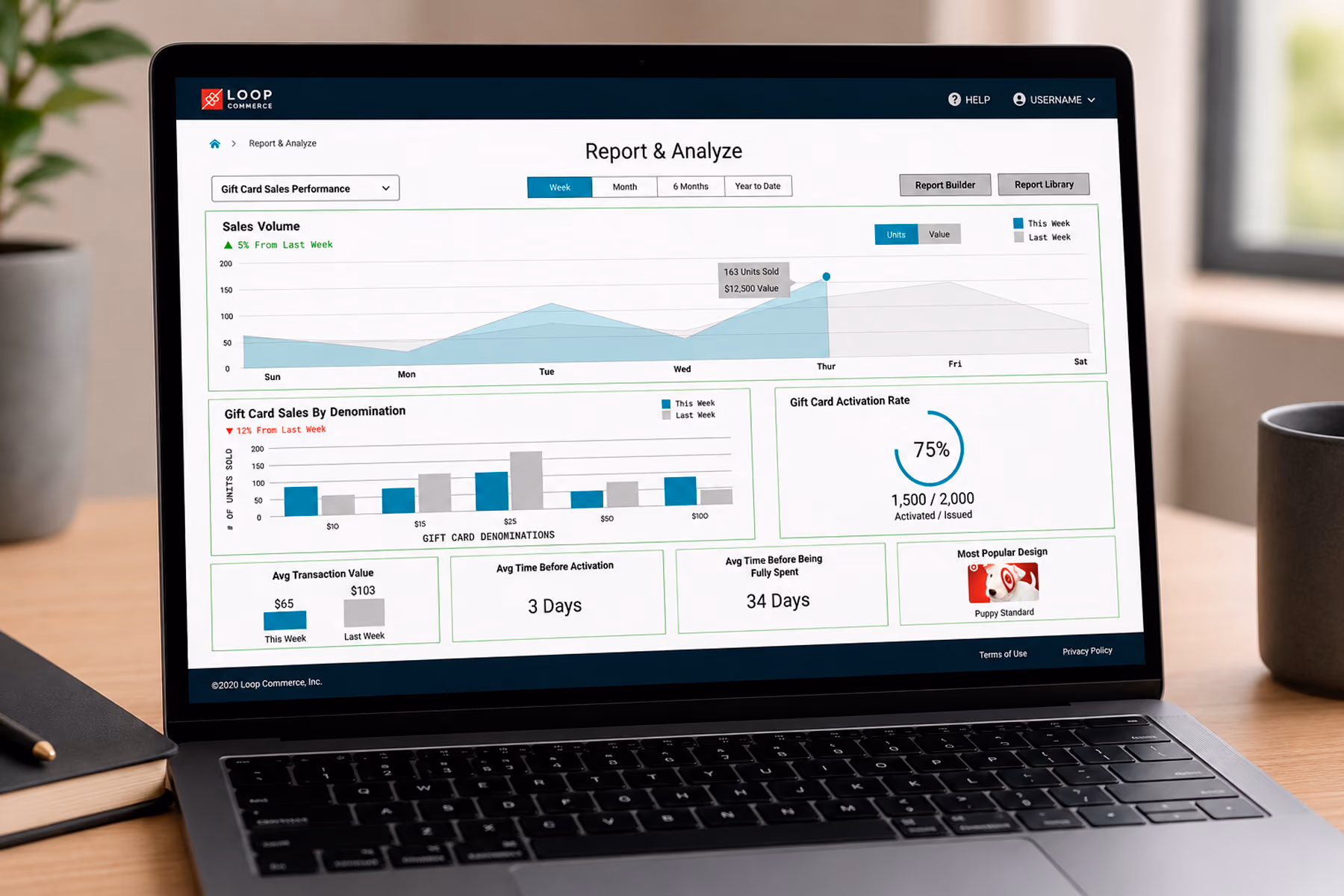 Synchrony campaign analytics dashboard designed by WANDR showing contextual benchmarking with merchant category baseline and year-over-year comparison