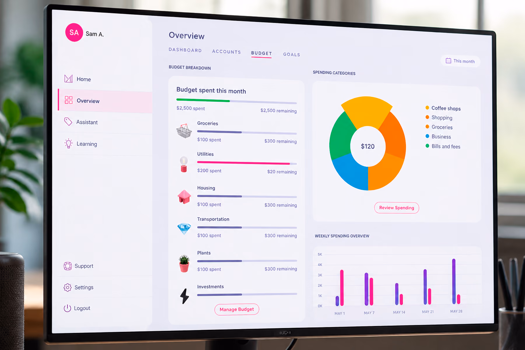 Modfi financial platform analytics dashboard designed by WANDR showing guided spending behavior insights framed as observations with investigation paths