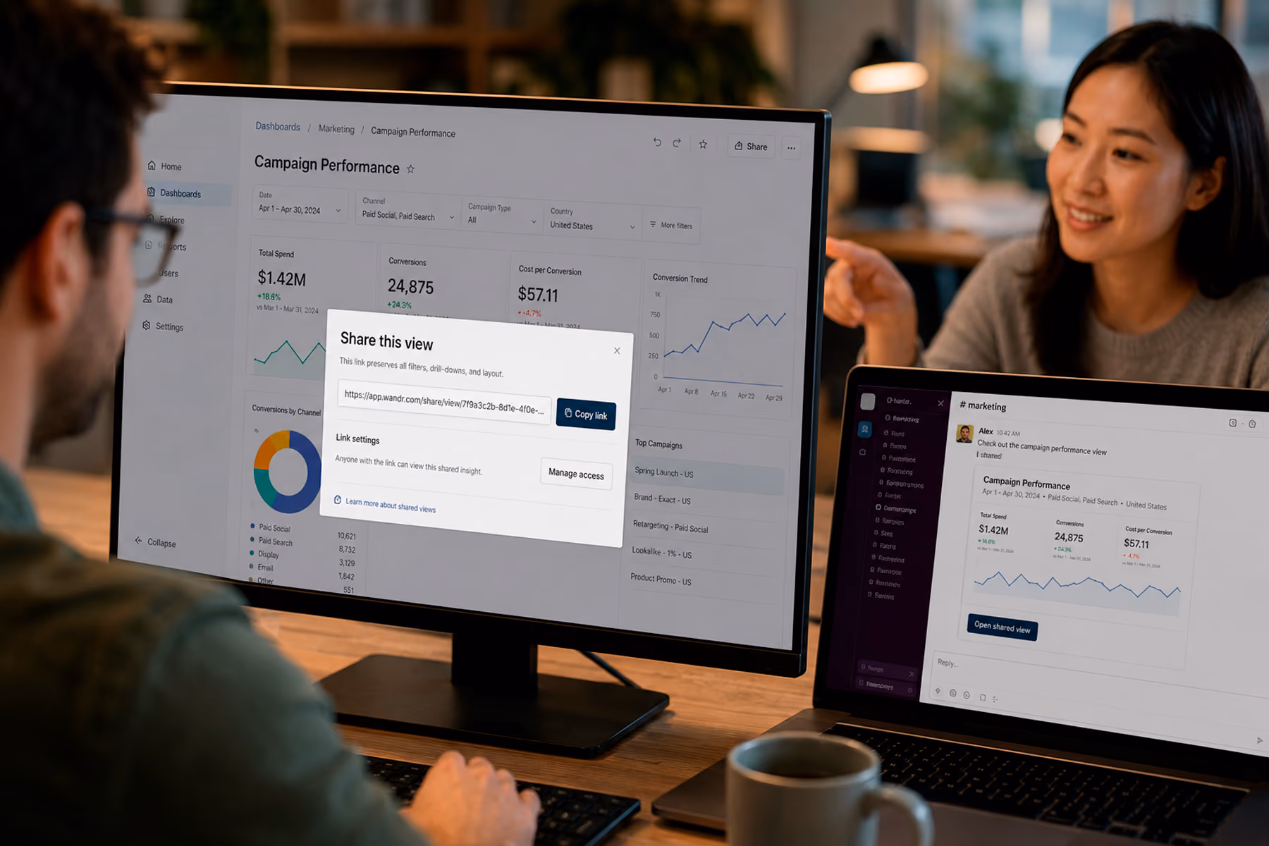 Two colleagues sharing a SaaS analytics dashboard view with preserved filter states and investigation context via share modal