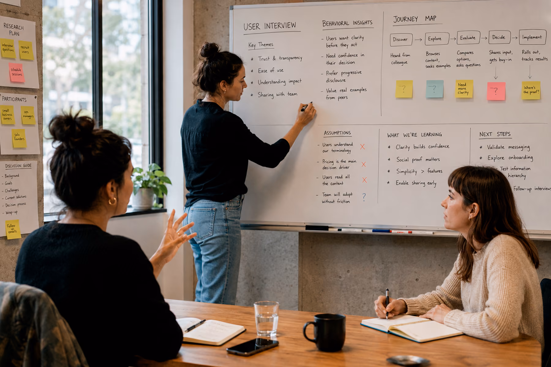 UX design firm discovery session with researcher conducting user interview and colleague documenting behavioral insights on whiteboard