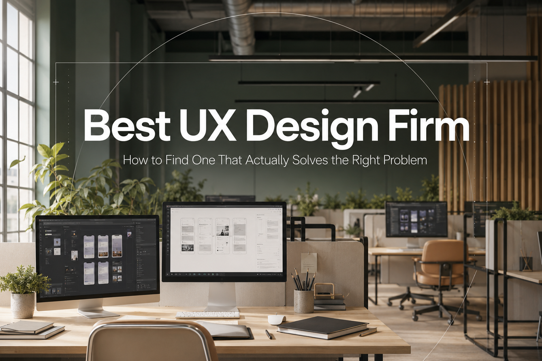 UX design team collaborating around a large table with wireframes, user research findings, and design system components spread across screens and whiteboards in a modern product studio environment