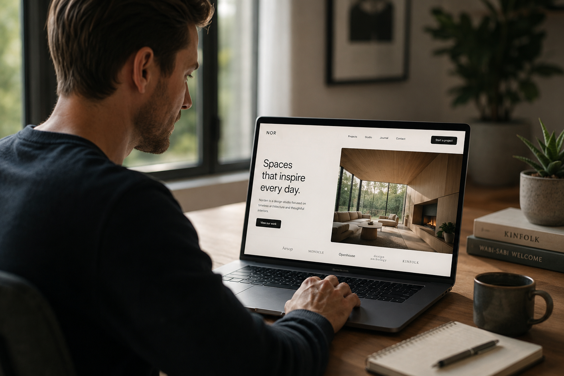 Person browsing a clean, well-designed website on a laptop in a naturally lit modern workspace