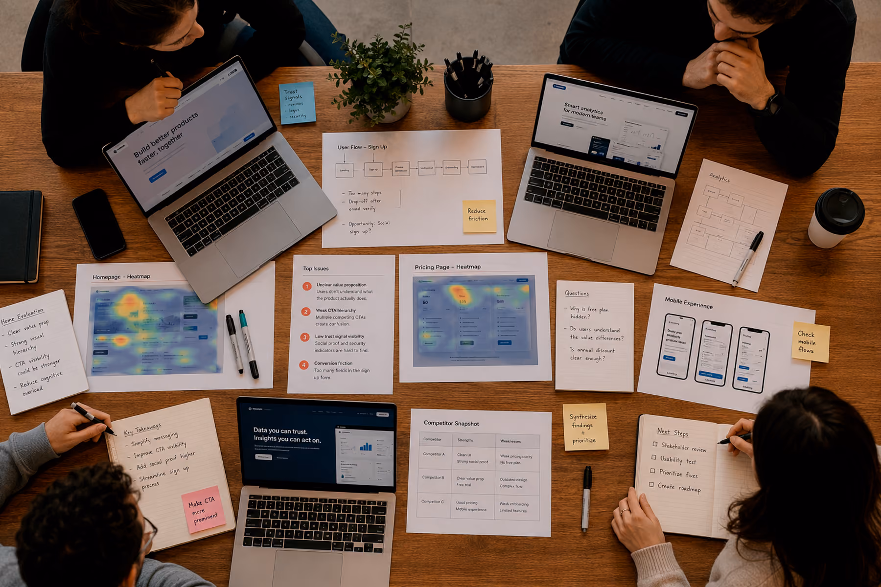 UX team evaluating website user experience with multiple screens, heatmap reports, and usability notes on a large desk
