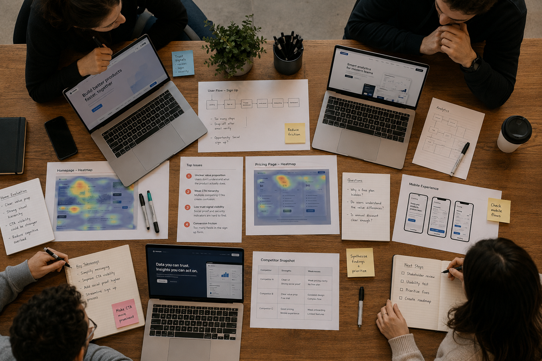 UX team evaluating website user experience with multiple screens, heatmap reports, and usability notes on a large desk