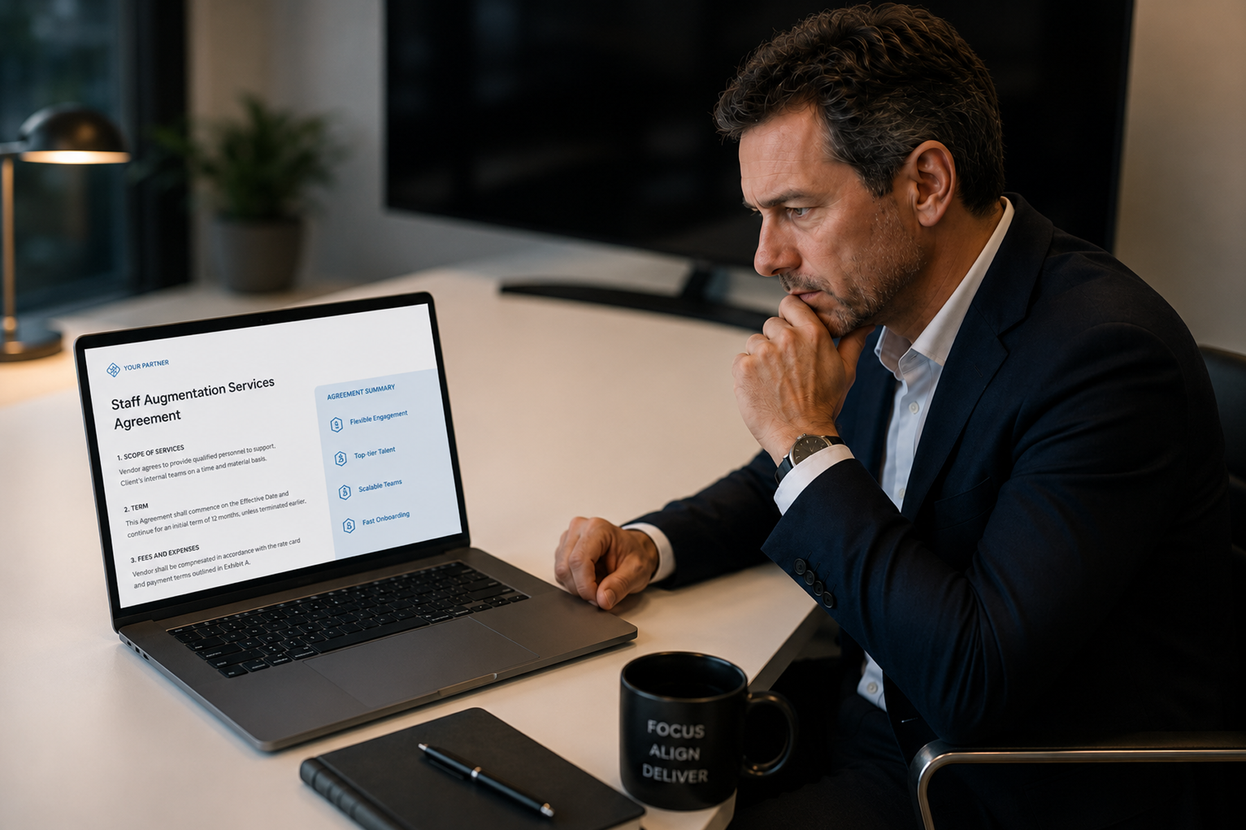 Senior product leader reviewing a UX staff augmentation contract on a laptop in a modern corporate office