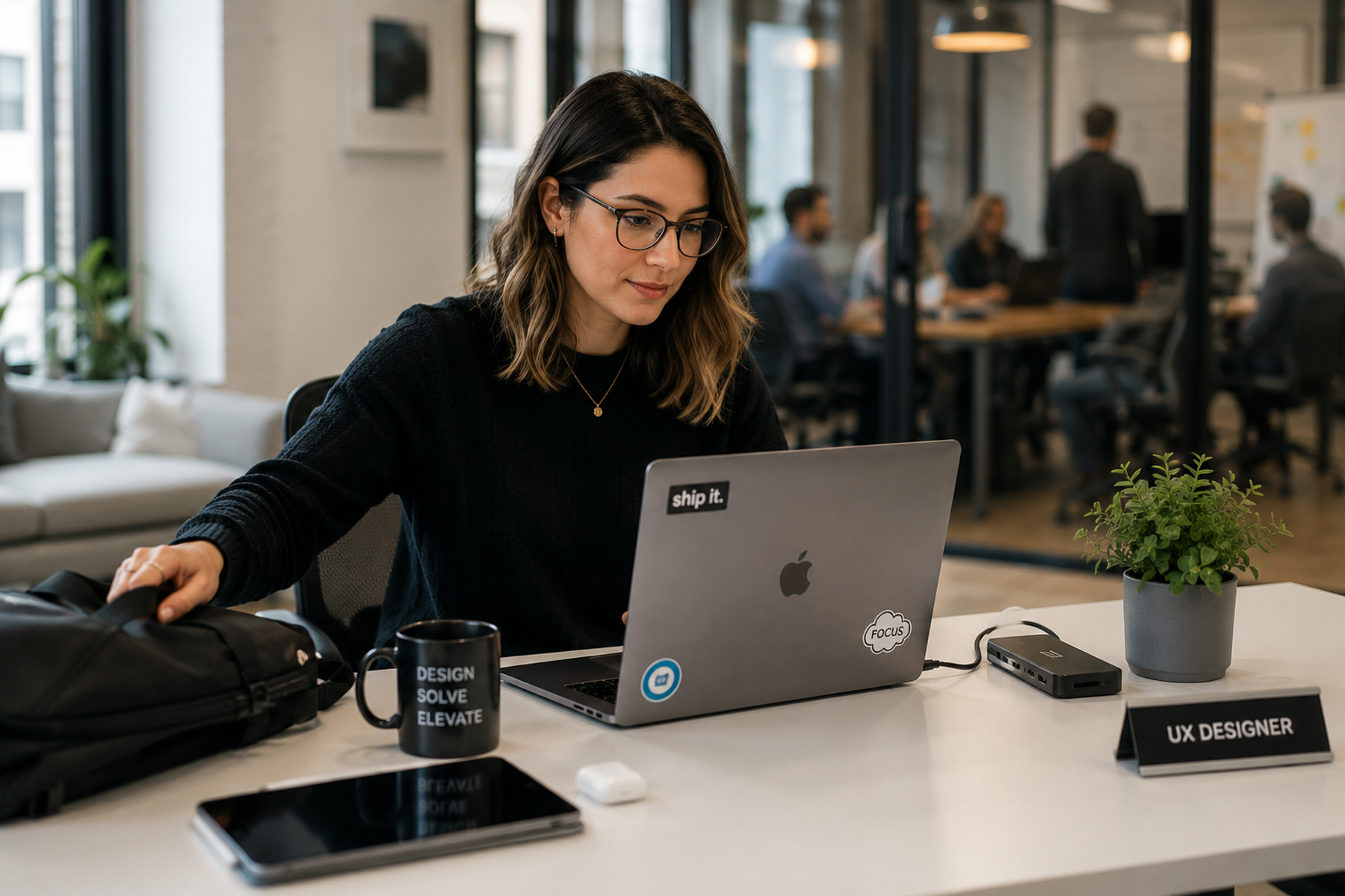 UX staff augmentation designer setting up their own laptop and tools at a client workstation ready to work from day one