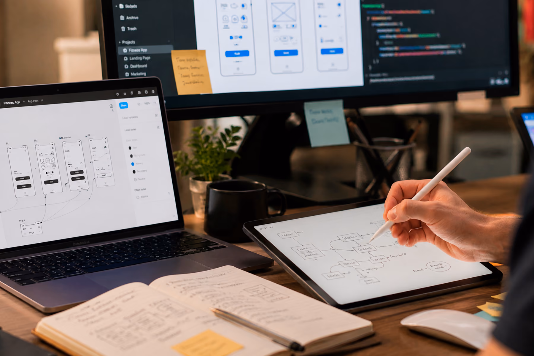 UX designer using laptop, tablet, and design tools in a staff augmentation workspace