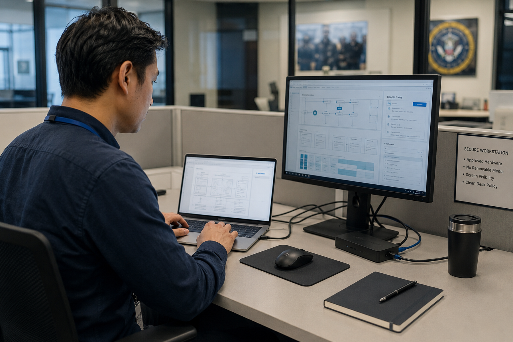 UX designer using compliant hardware in a secure staff augmentation workspace for regulated projects