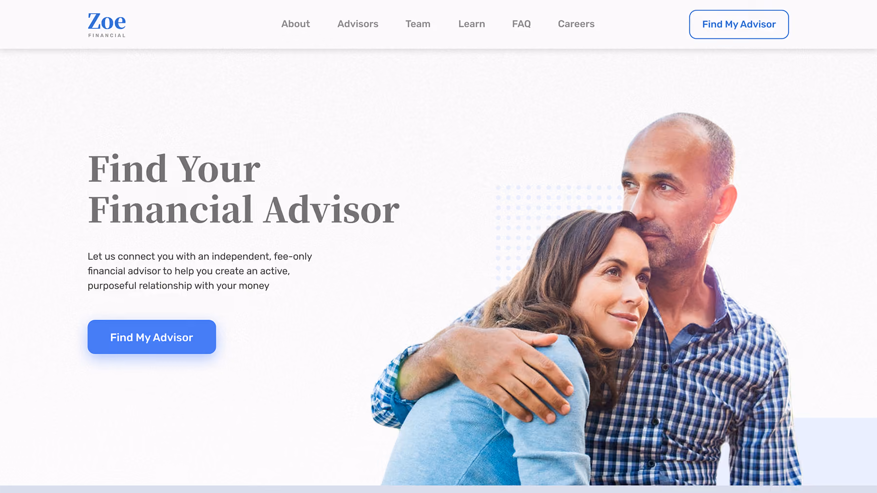 Zoe Financial website hero section with clean typography, strong call-to-action, and trust-building lifestyle imagery