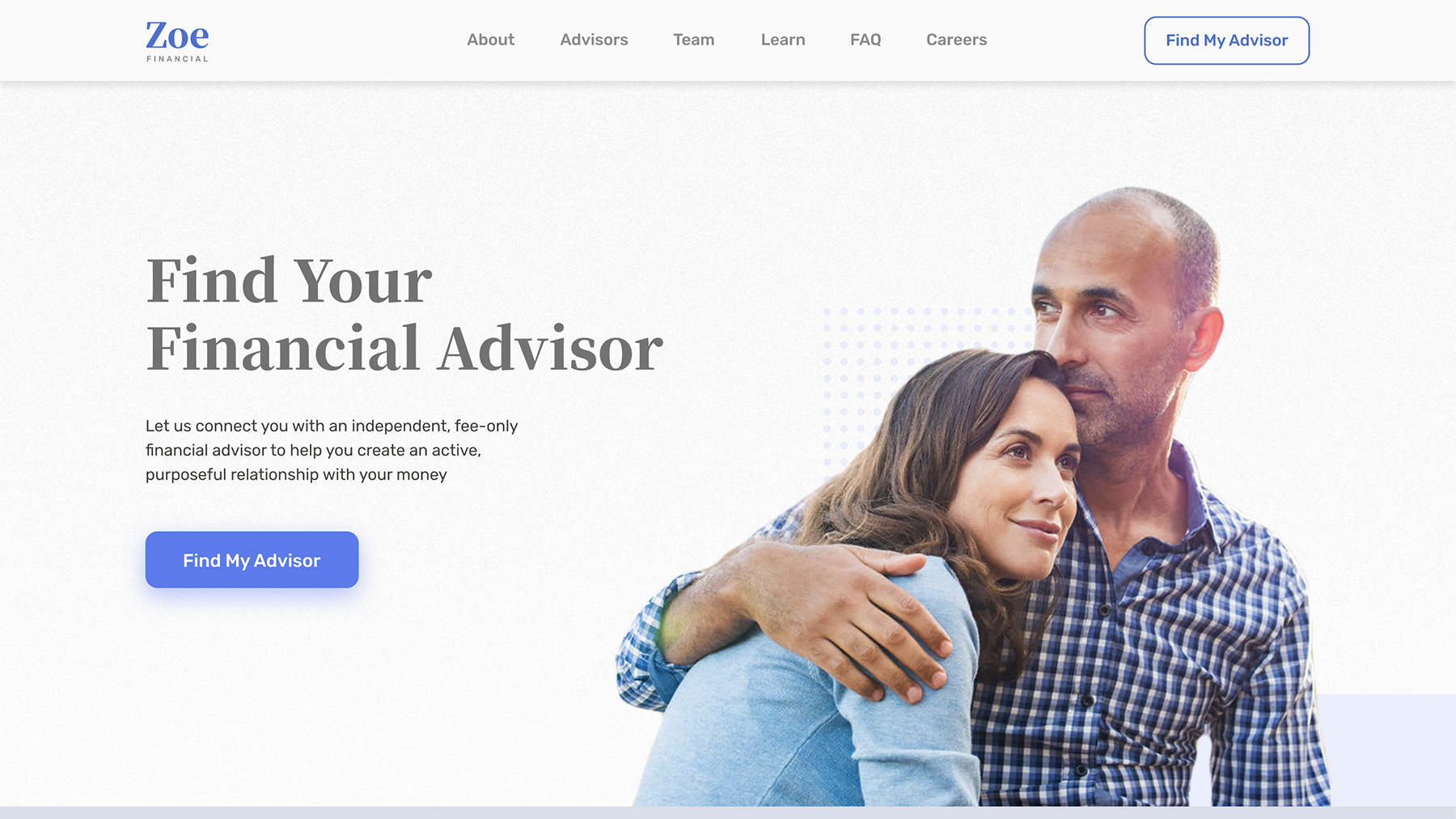 Zoe Financial website hero section with clean typography, strong call-to-action, and trust-building lifestyle imagery