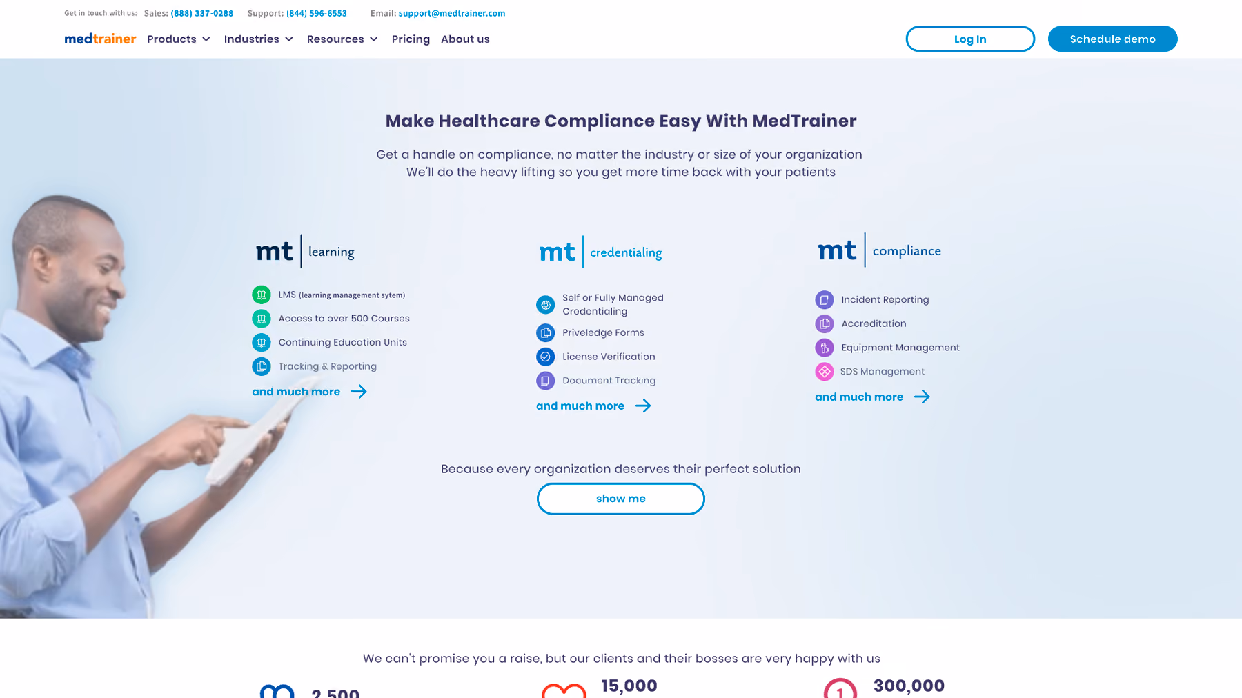 MedTrainer website section with healthcare compliance solutions organized into learning, credentialing, and compliance categories