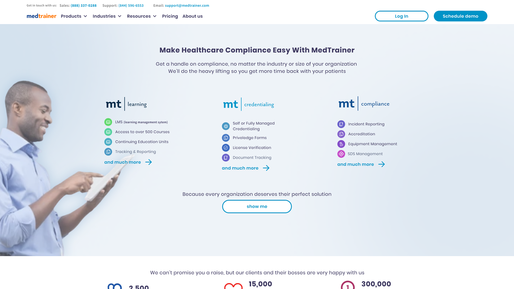 MedTrainer website section with healthcare compliance solutions organized into learning, credentialing, and compliance categories