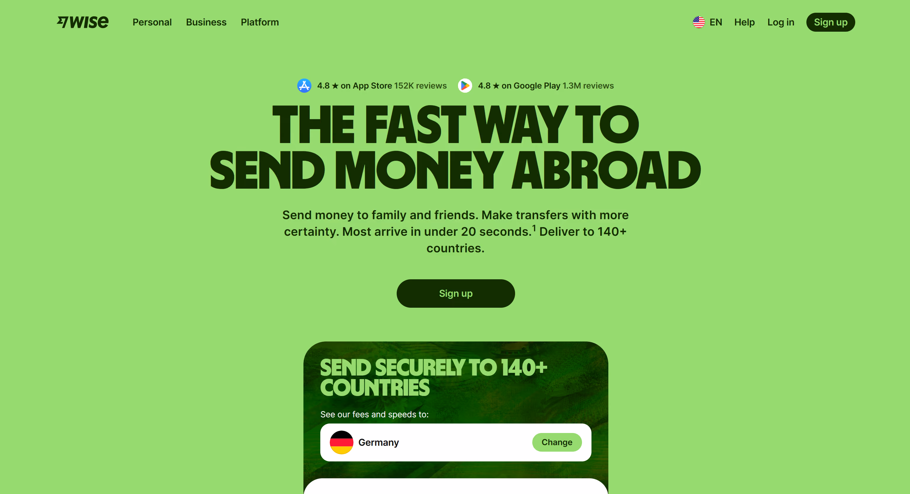 Wise money transfer website hero section with bold typography, clean layout, and interactive currency conversion module