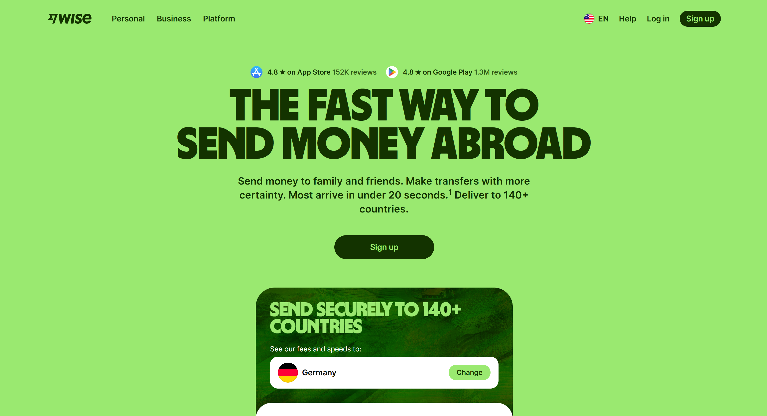 Wise money transfer website hero section with bold typography, clean layout, and interactive currency conversion module